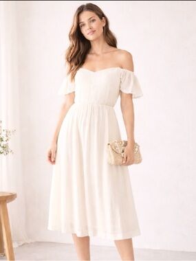 Express XS Ivory Off Shoulder MIDI Dress Bridal Shower Engagement Beach Photos